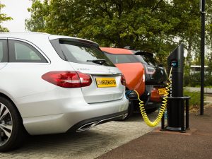 Mercedes C350e in process of charging at a Chargemaster fastpost unit in Milton Keynes