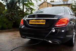 Mercedes from Chargemaster charging on a driveway at a homecharge unit