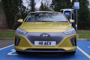 Gold Hyundai IONIQ charging at a Chargemaster ultracharge rapid charge EV electric vehicle charging point