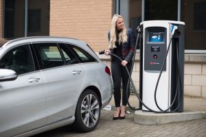 Mercedes charging at a Chargemaster Ultracharge rapid charge unit in a business location