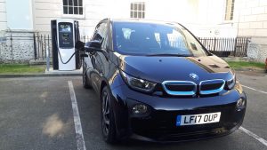 BMW i3 plugged in at Ultracharge rapid charge Chargemaster unit