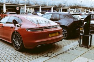 Porsche Panamera e Hybrid charging at a Chargemaster fastpost in town