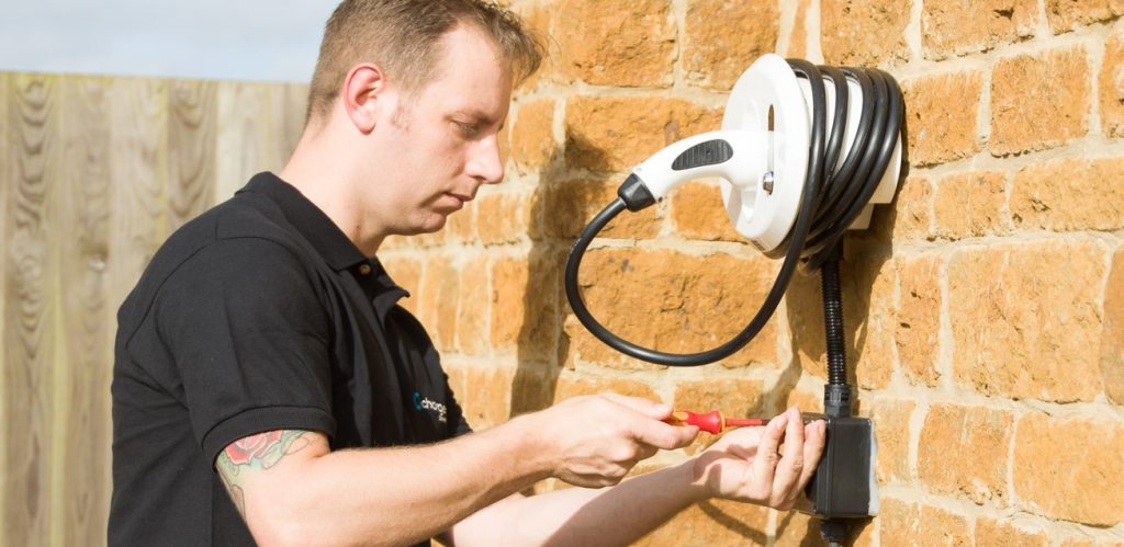 BP Chargemaster Homecharge electrician installing a tethered Homecharge unit